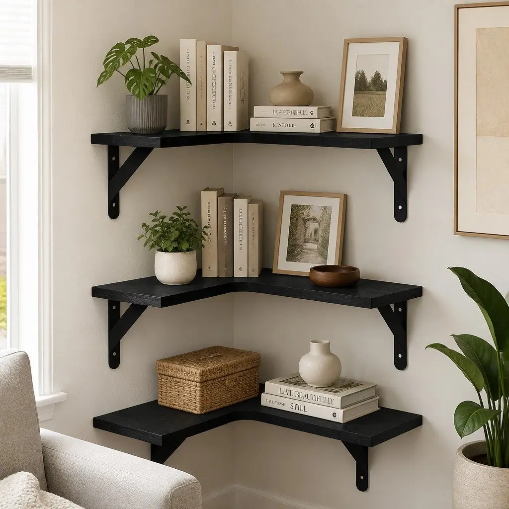 Corner Floating Shelves L-Shaped Wall-Mounted Storage 3 Piece Black