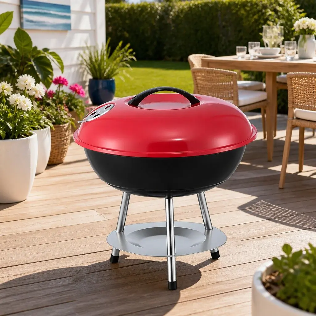 Charcoal BBQ Grill Portable Outdoor 34cm Stainless Steel Black and Red