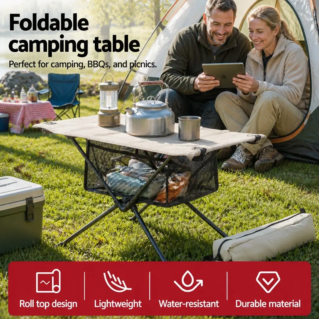 Folding Camping Table Portable Picnic Desk 47cm x 37cm Black Khaki
