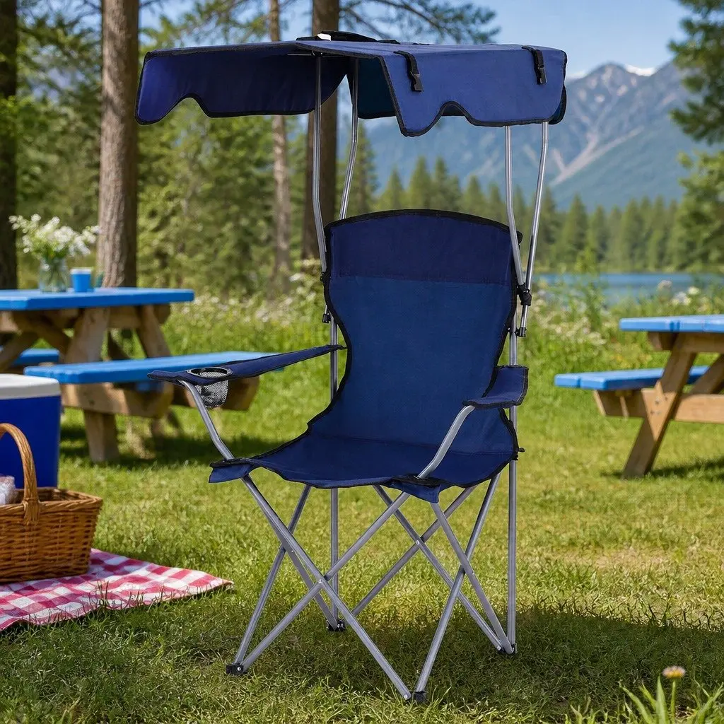 Camping Chair Portable Folding Outdoor Seat with Canopy Navy Blue