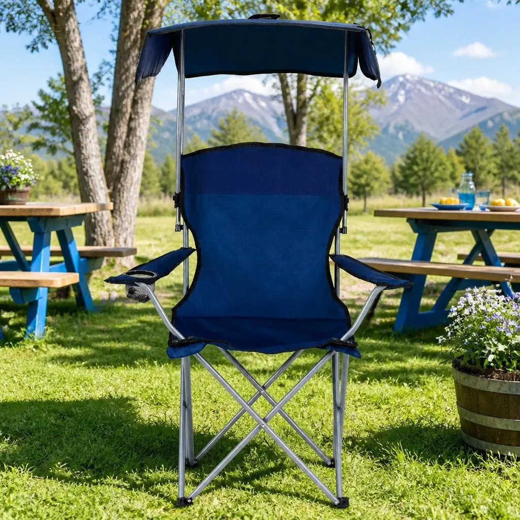 Camping Chair Portable Folding Outdoor Seat with Canopy Navy Blue