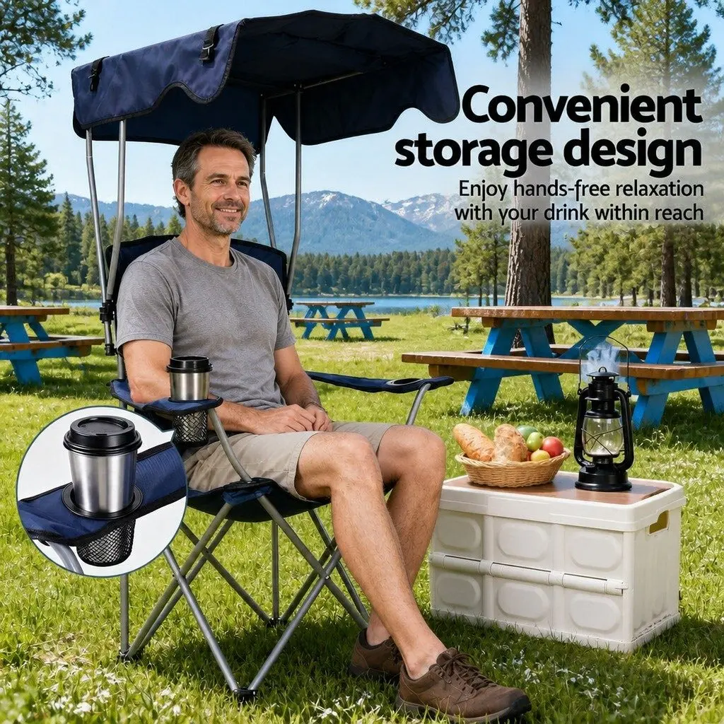 Camping Chair Portable Folding Outdoor Seat with Canopy Navy Blue