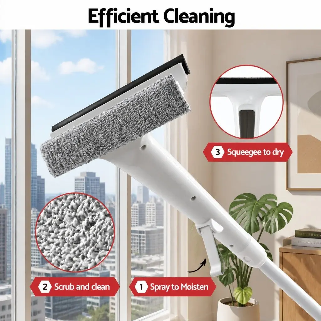 Window Cleaner Squeegee 136cm Extendable Handle Spray Scrub Microfiber Pads White