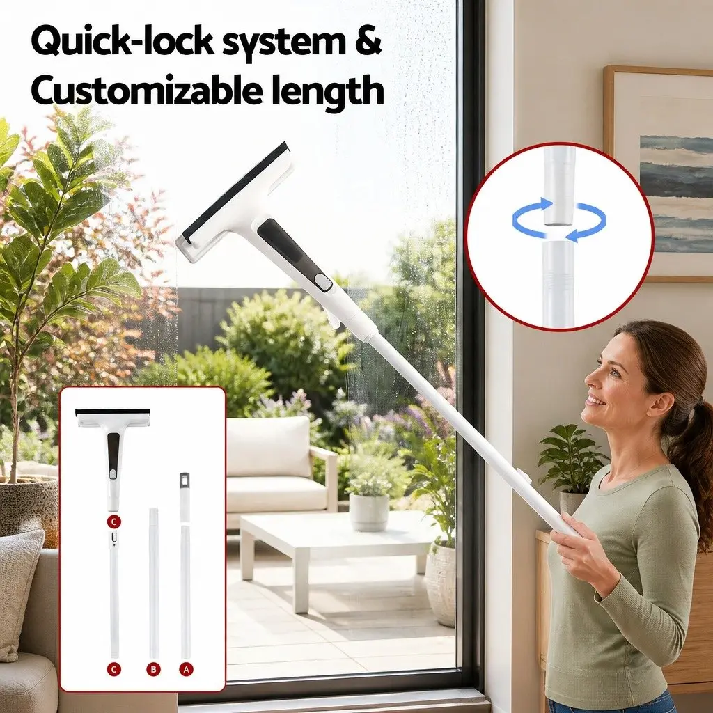 Window Cleaner Squeegee 136cm Extendable Handle Spray Scrub Microfiber Pads White