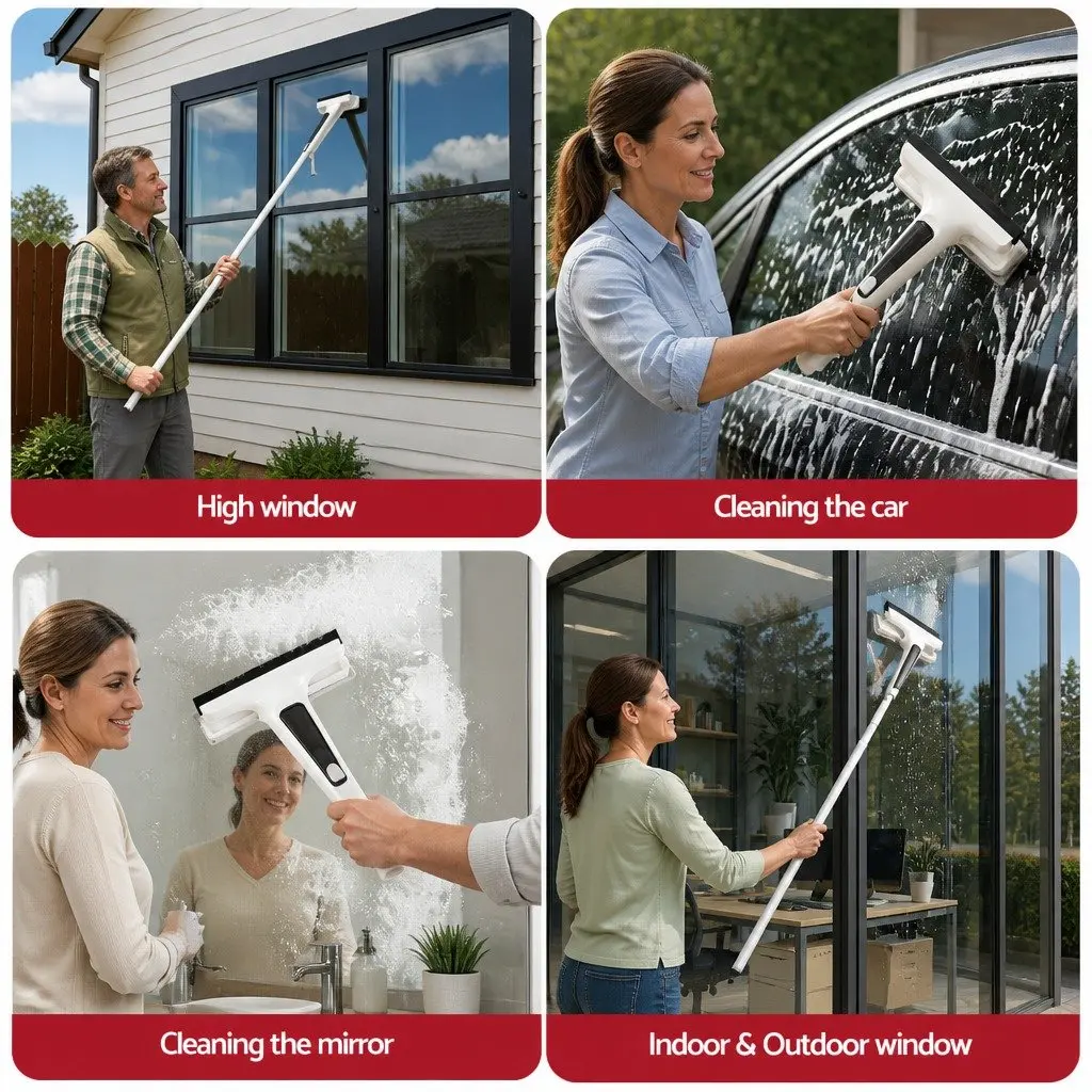 Window Cleaner Squeegee 136cm Extendable Handle Spray Scrub Microfiber Pads White