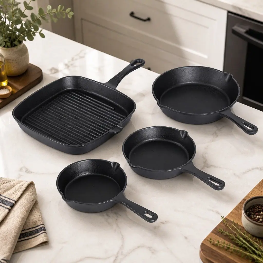 Cast Iron Frying Pan Skillet Set 4 Piece Cooking Induction Gas Black 14cm 16cm 20cm 24cm