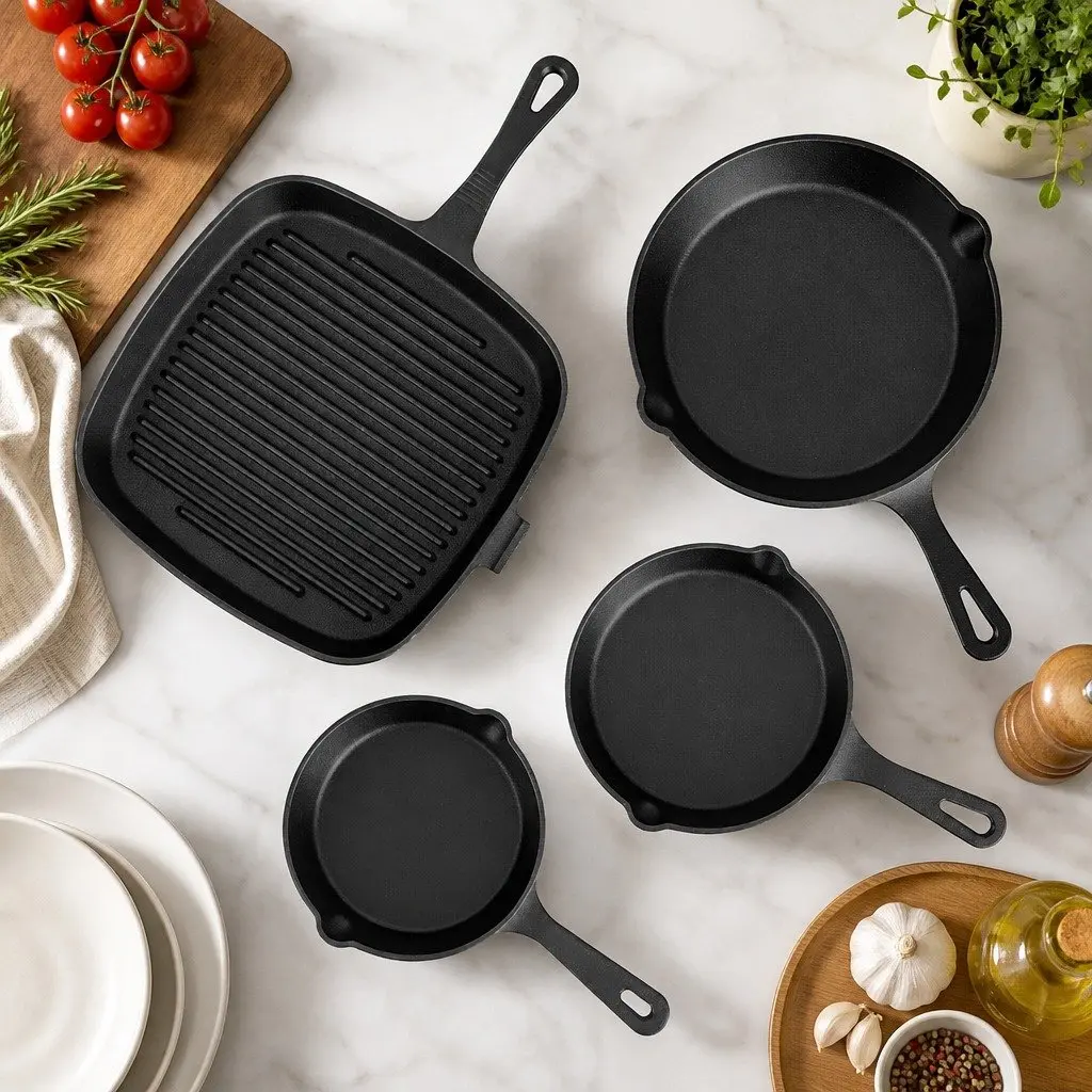 Cast Iron Frying Pan Skillet Set 4 Piece Cooking Induction Gas Black 14cm 16cm 20cm 24cm