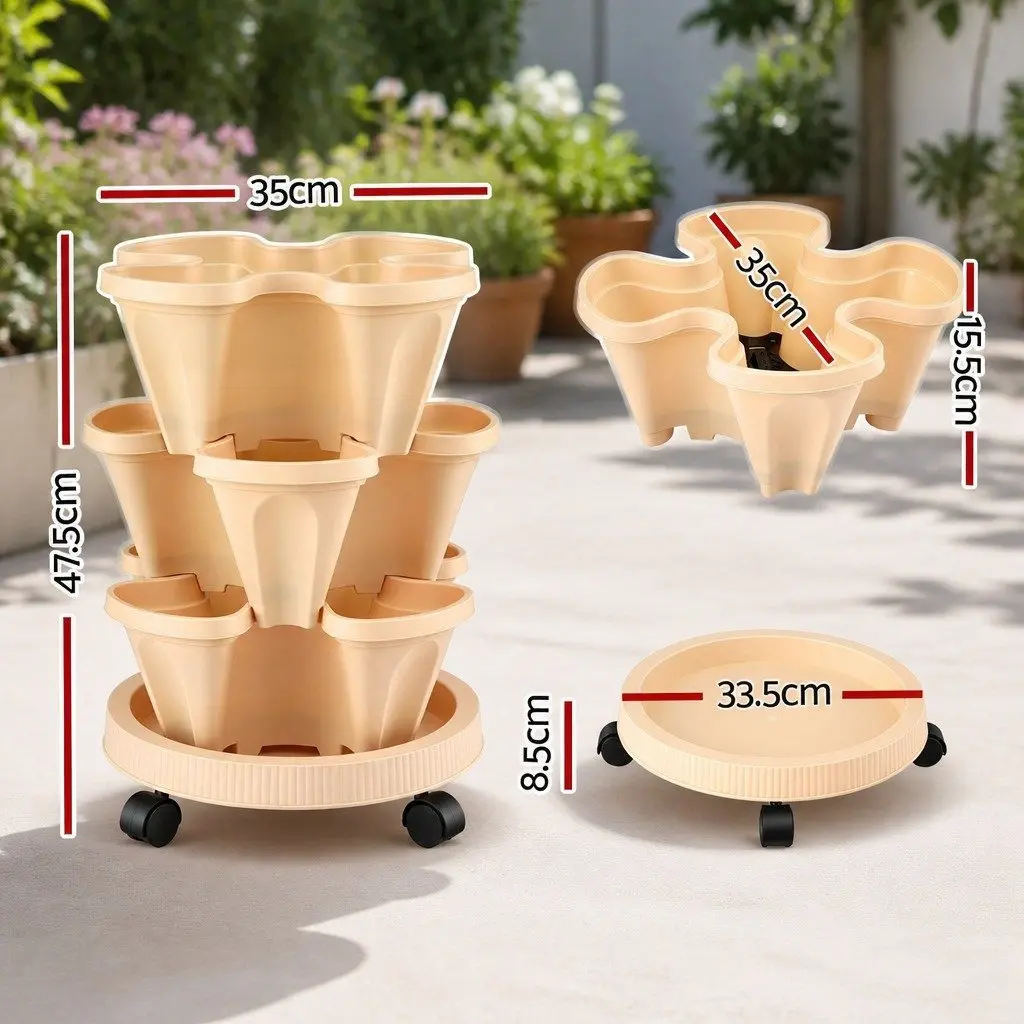 3 Tier Stackable Vertical Planter Tower with Wheels for Strawberry Herb Garden Beige