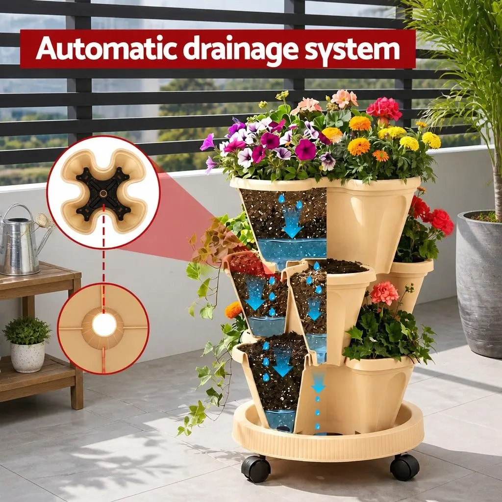 3 Tier Stackable Vertical Planter Tower with Wheels for Strawberry Herb Garden Beige