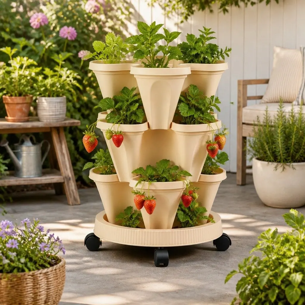 3 Tier Stackable Vertical Planter Tower with Wheels for Strawberry Herb Garden Beige