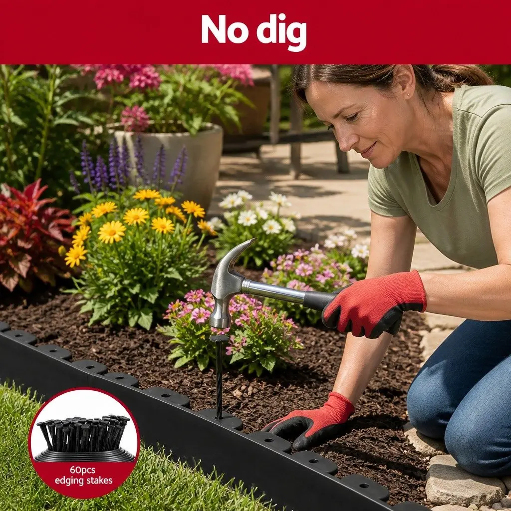 Flexible Lawn Border Plastic Garden Edging Black 60ft 30 Piece