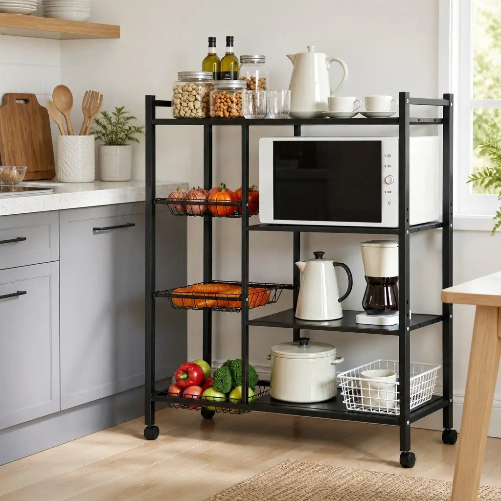 4-Tier Kitchen Storage Shelf Microwave Bakers Rack Dark Grey