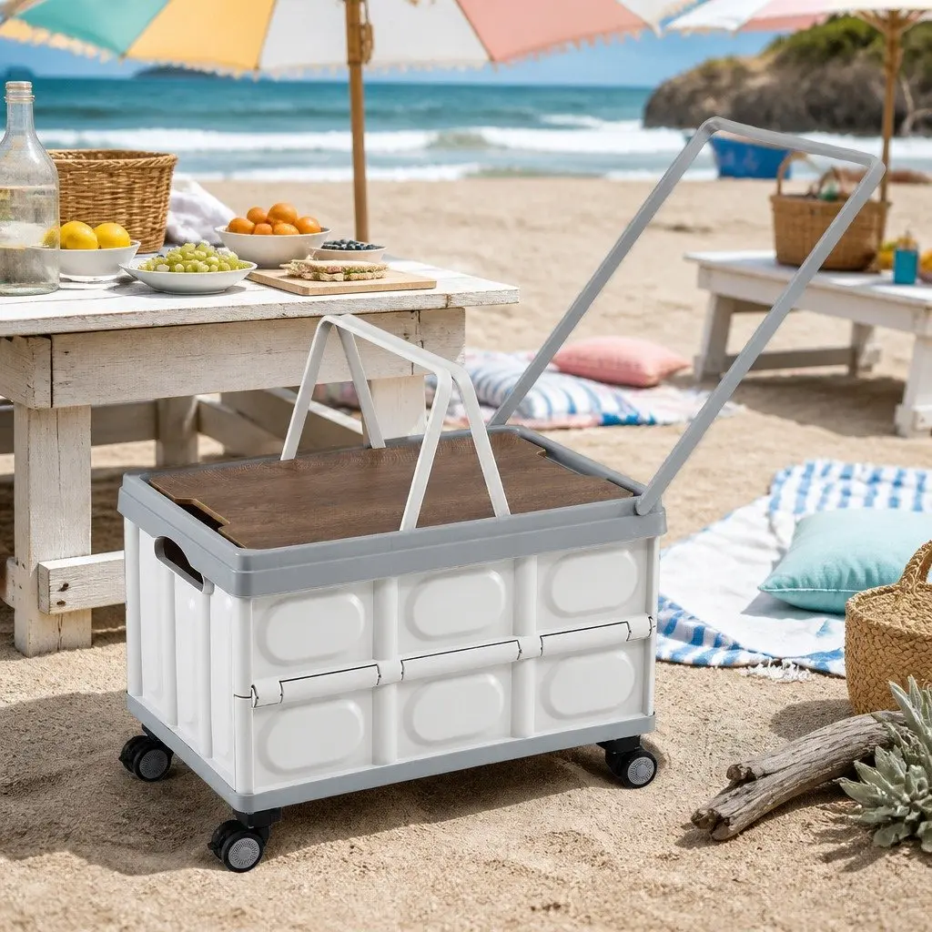 Storage Box 54L Portable Folding Organizer Stackable with Wheels Beige