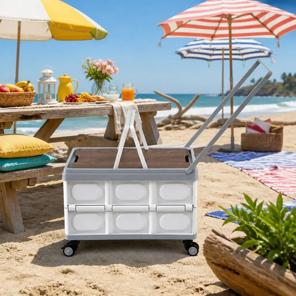 Storage Box 54L Portable Folding Organizer Stackable with Wheels Beige