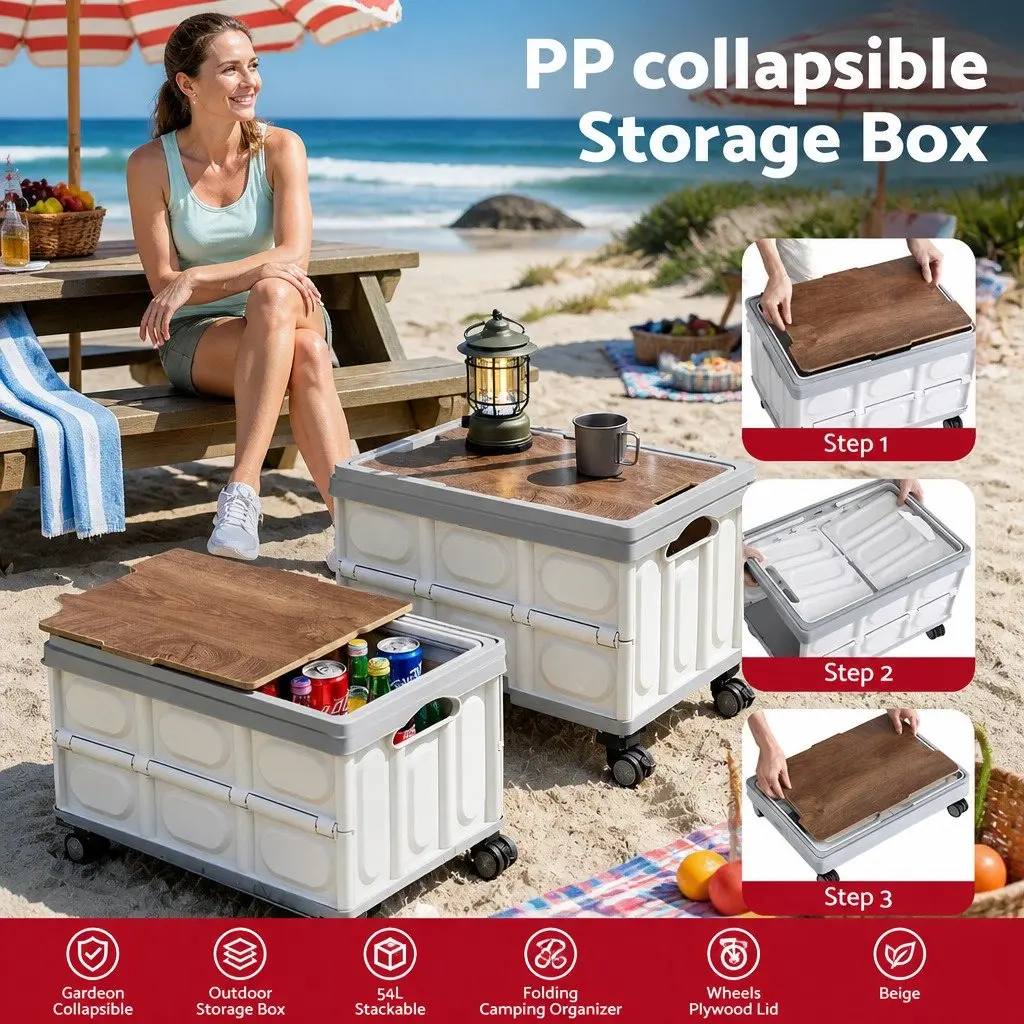 Storage Box 54L Portable Folding Organizer Stackable with Wheels Beige