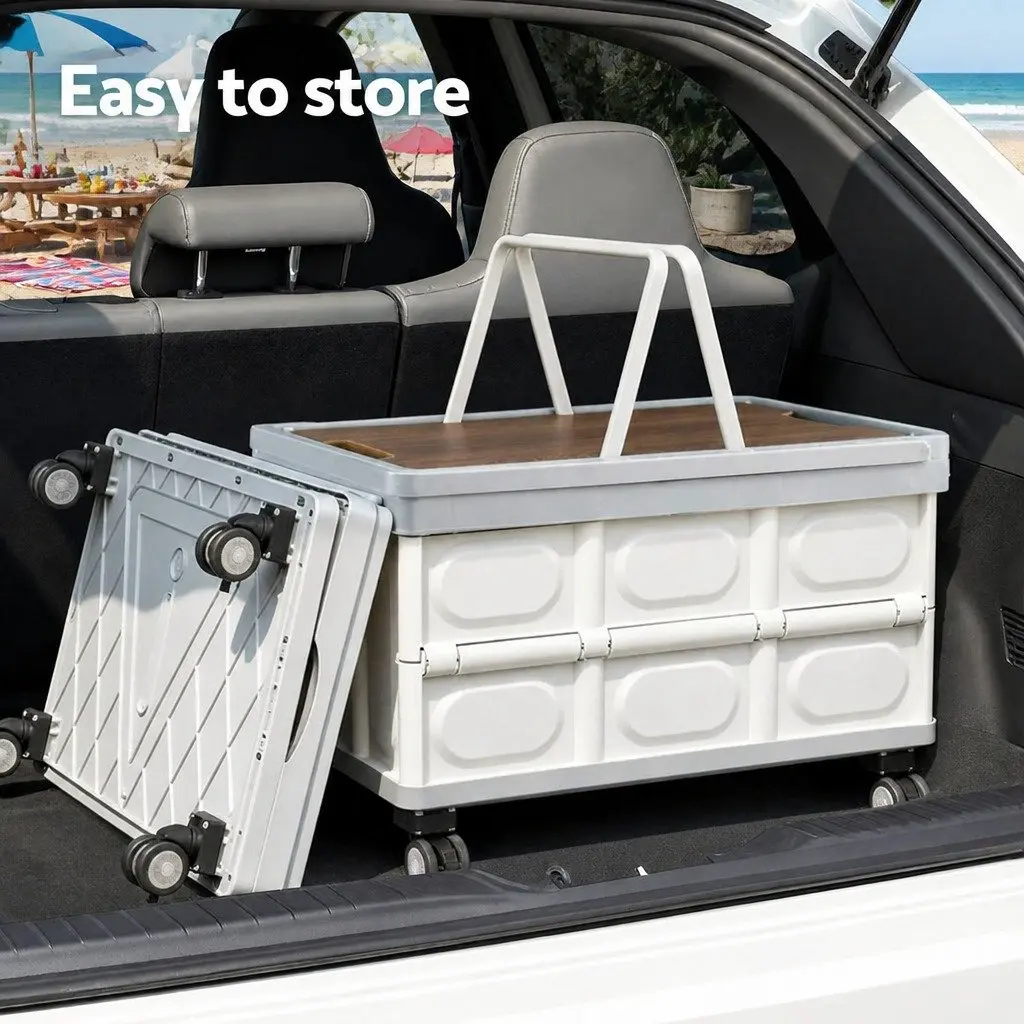 Storage Box 54L Portable Folding Organizer Stackable with Wheels Beige