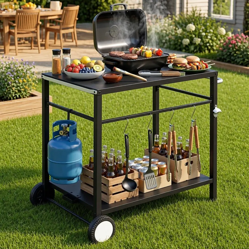 Outdoor BBQ Prep Cart Mobile Kitchen Trolley Stainless Steel Work Table Black 85cm L x 54.5cm W