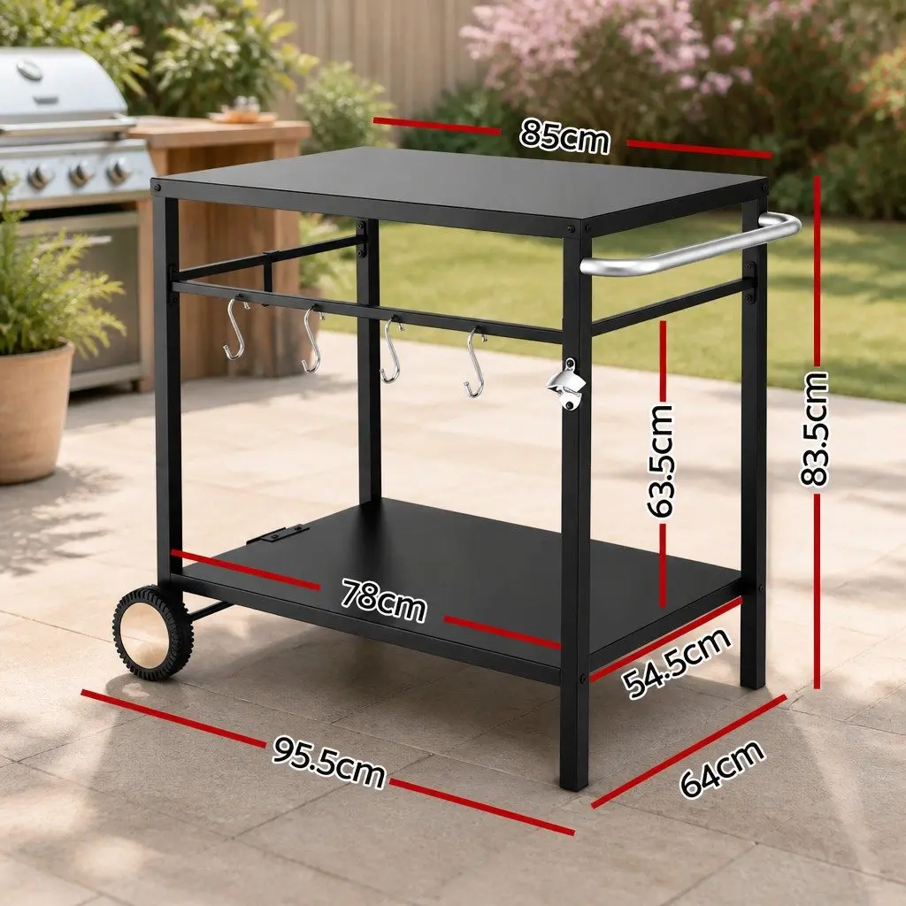 Outdoor BBQ Prep Cart Mobile Kitchen Trolley Stainless Steel Work Table Black 85cm L x 54.5cm W