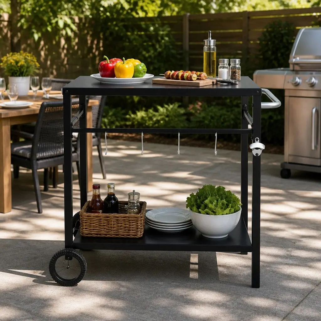 Outdoor BBQ Prep Cart Mobile Kitchen Trolley Stainless Steel Work Table Black 85cm L x 54.5cm W