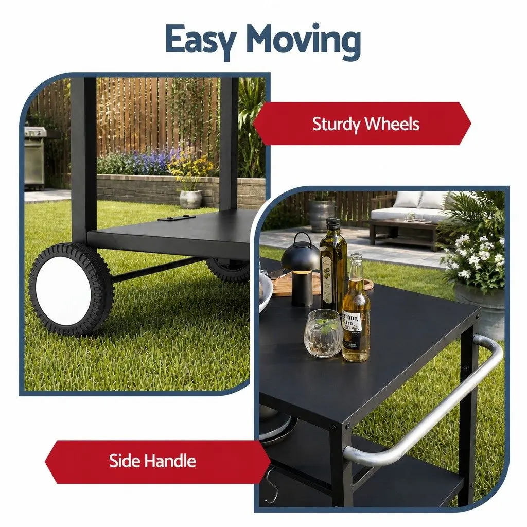 Outdoor BBQ Prep Cart Mobile Kitchen Trolley Stainless Steel Work Table Black 85cm L x 54.5cm W