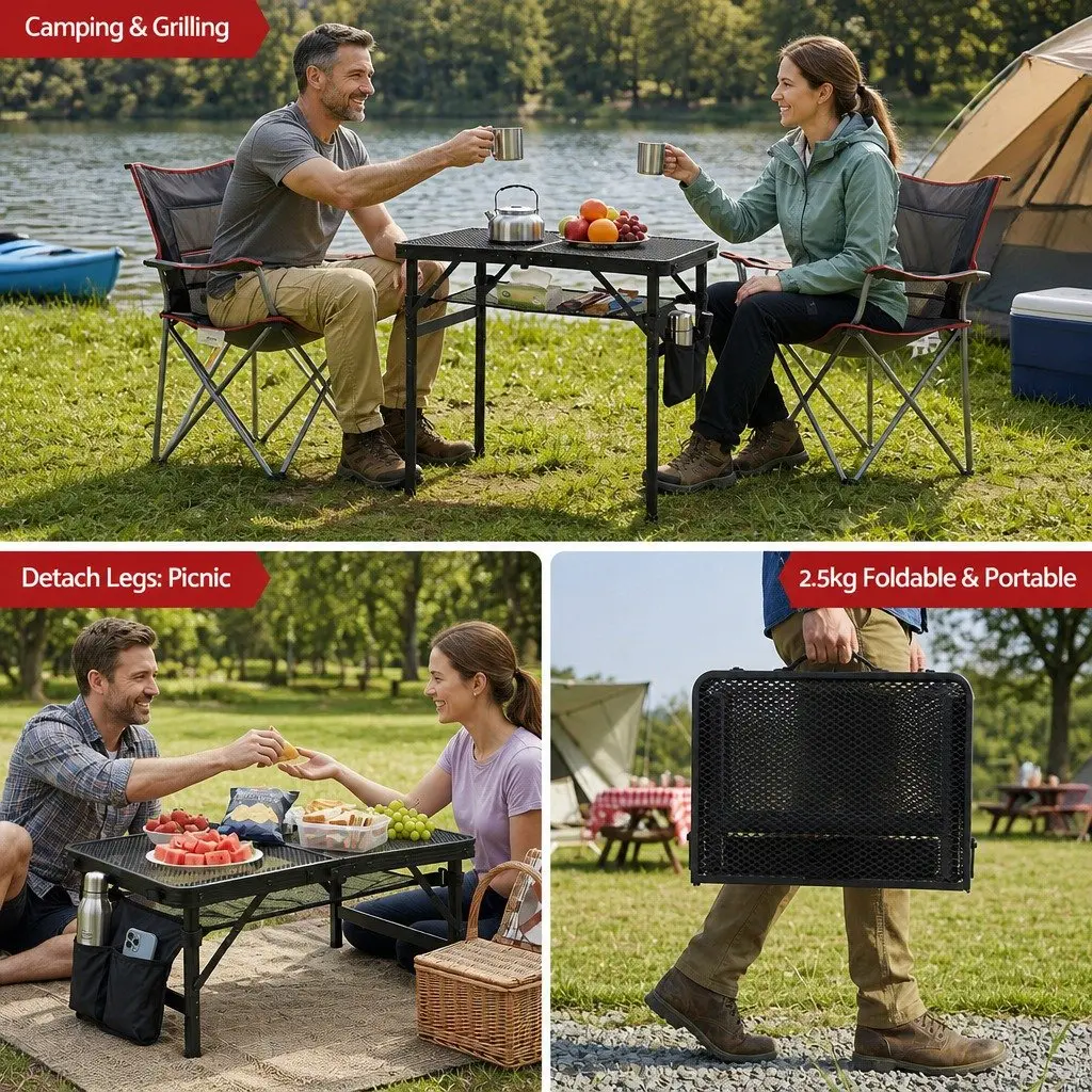 Portable Camping BBQ Table Outdoor Grill Workstation 60x40x56cm Black