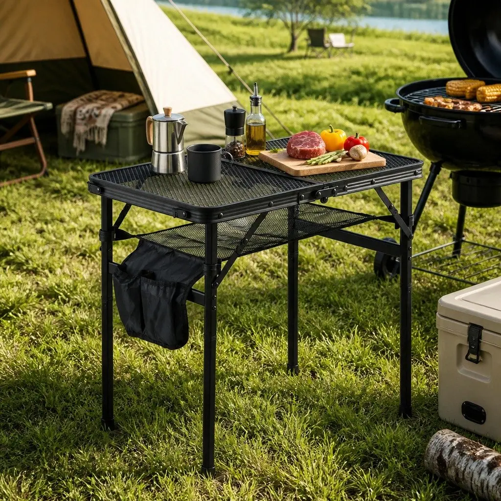 Portable Camping BBQ Table Outdoor Grill Workstation 60x40x56cm Black