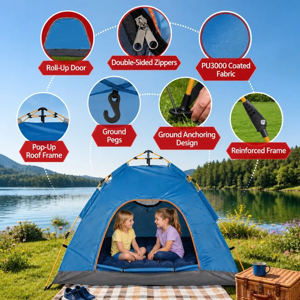Pop Up Camping Tent 2 to 3 Person Outdoor Hiking Festival Blue
