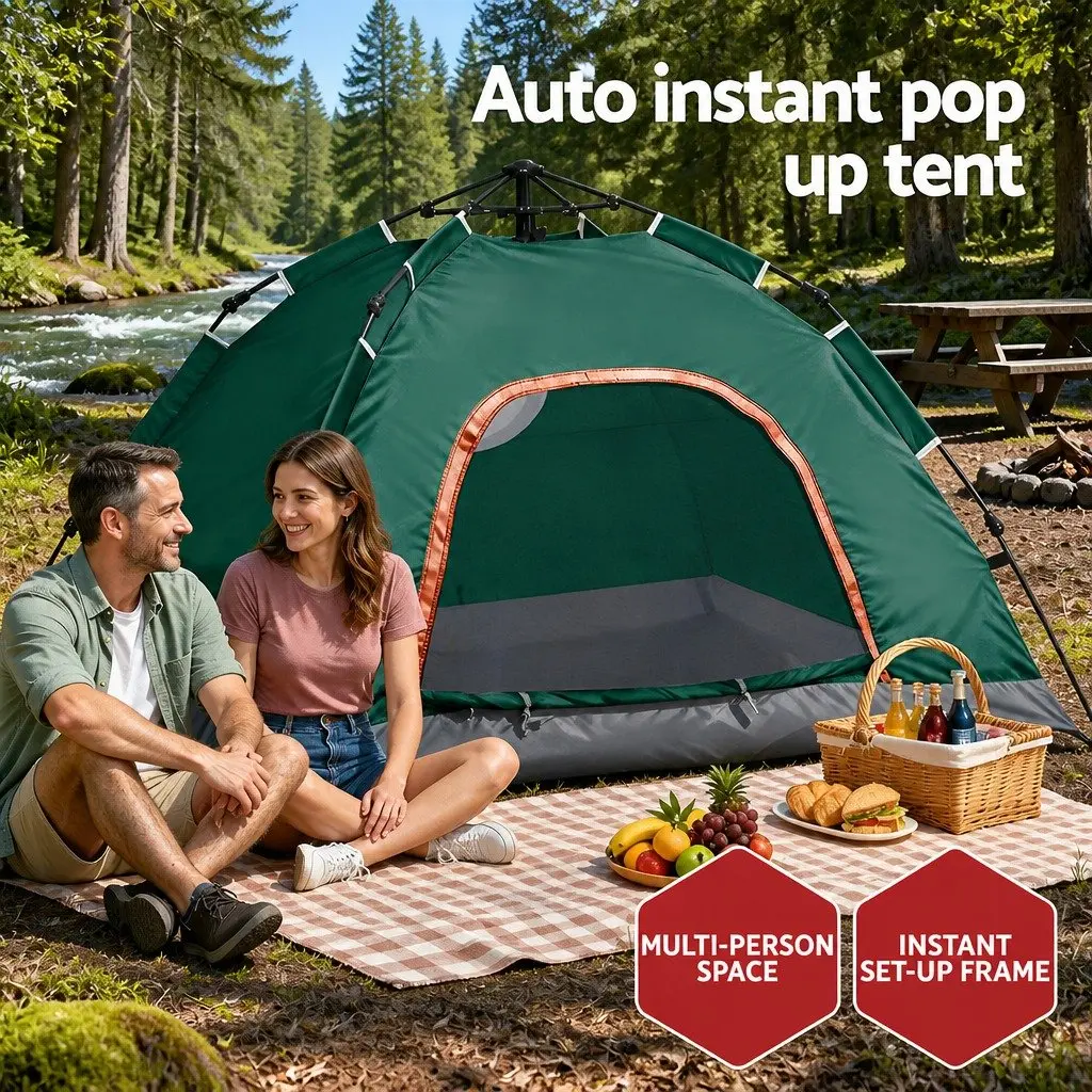 Camping Tent 2-3 Person Auto Pop Up Instant Setup Outdoor Hiking Green