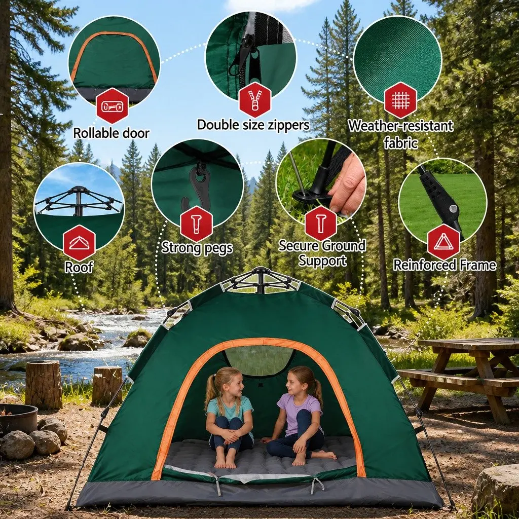 Camping Tent 2-3 Person Auto Pop Up Instant Setup Outdoor Hiking Green