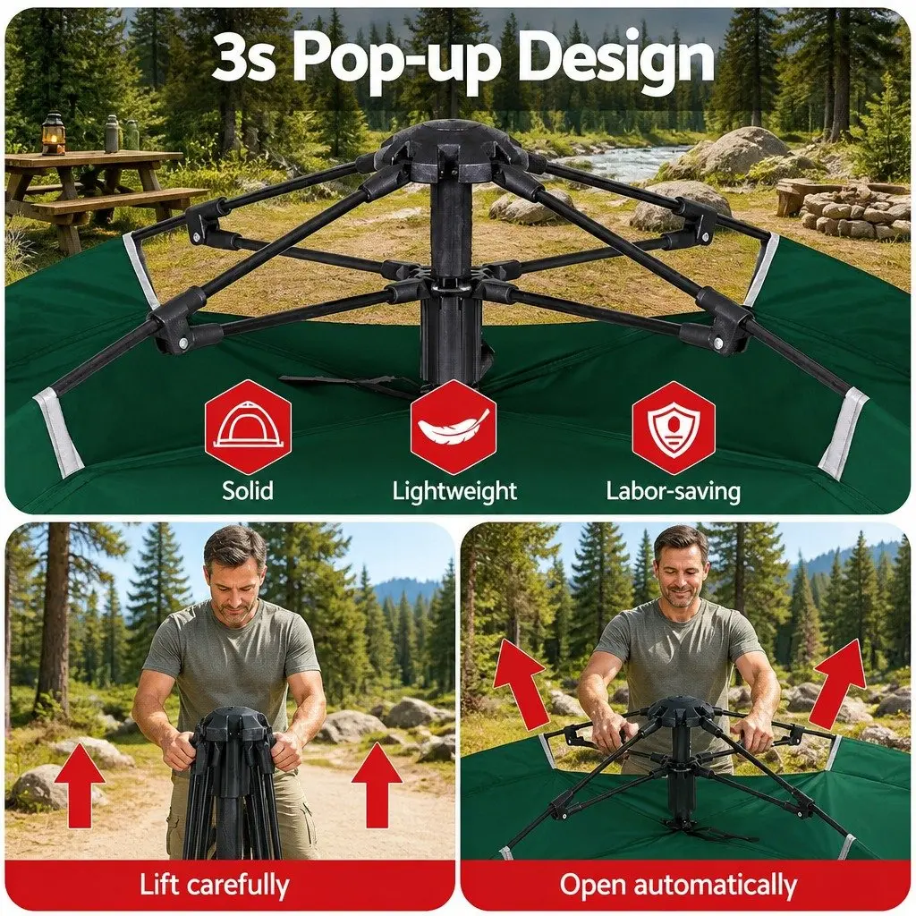 Camping Tent 2-3 Person Auto Pop Up Instant Setup Outdoor Hiking Green