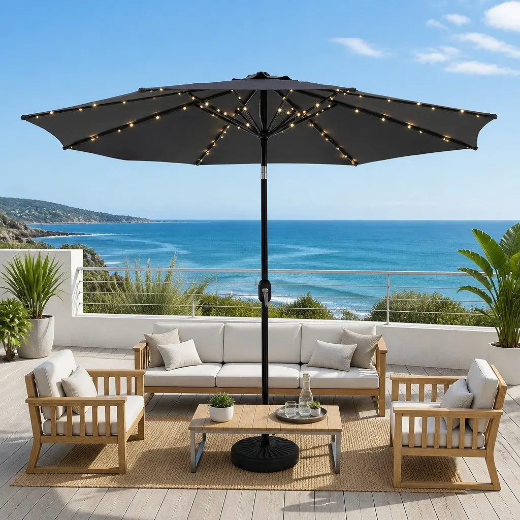 Outdoor Umbrella Charcoal Colour LED String Light Adjustable Tilt 2.9m Octagonal Canopy