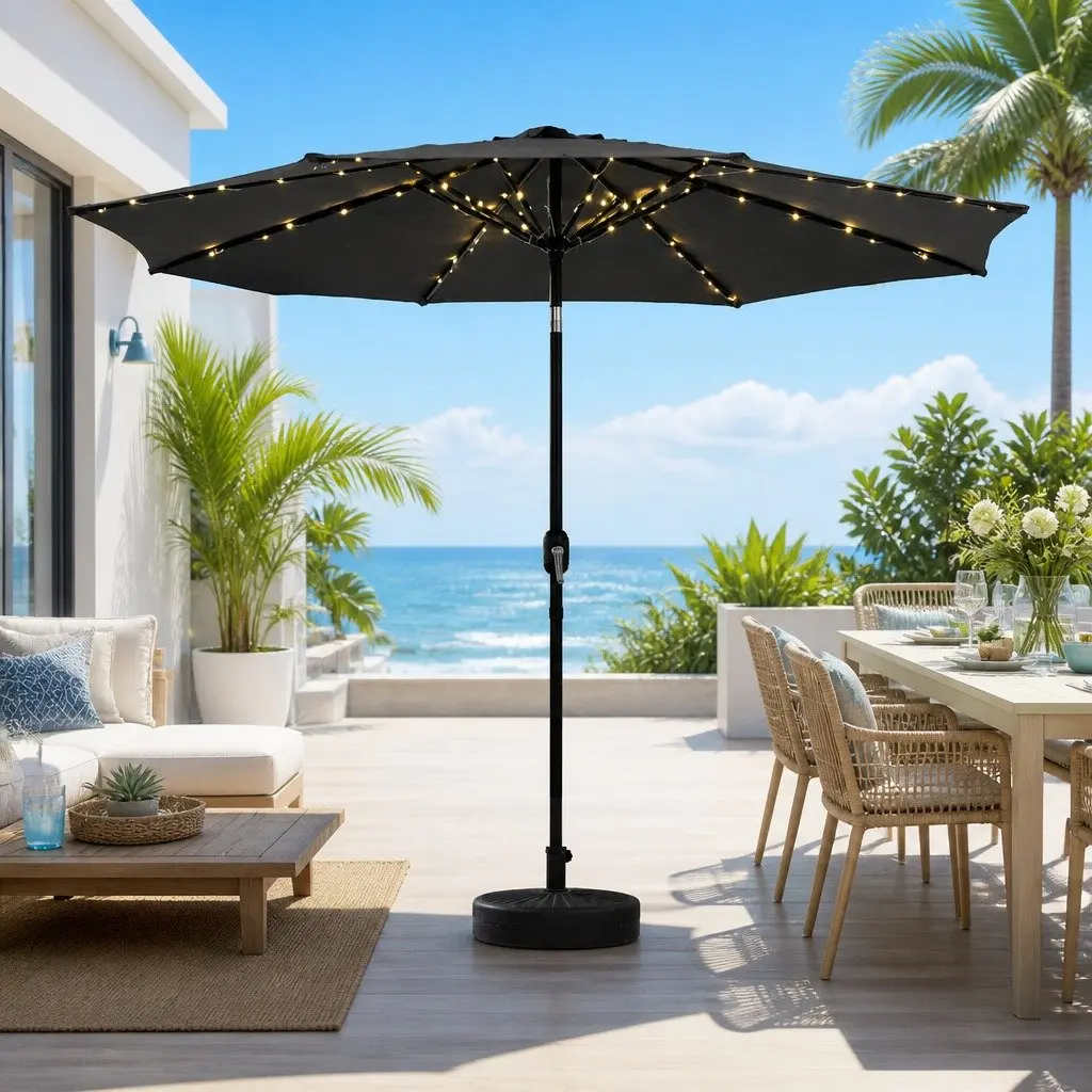 Outdoor Umbrella Charcoal Colour LED String Light Adjustable Tilt 2.9m Octagonal Canopy