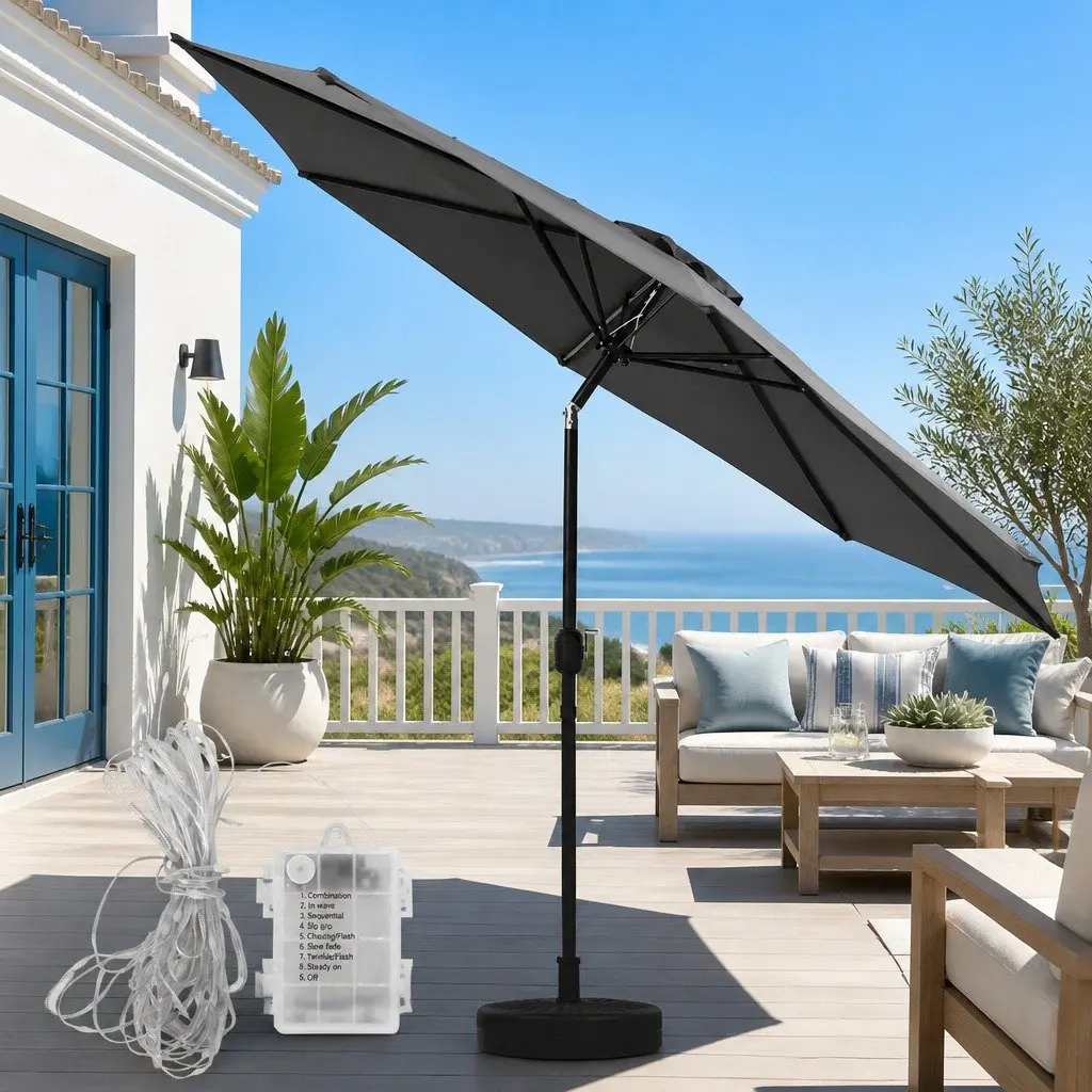 Outdoor Umbrella Charcoal Colour LED String Light Adjustable Tilt 2.9m Octagonal Canopy