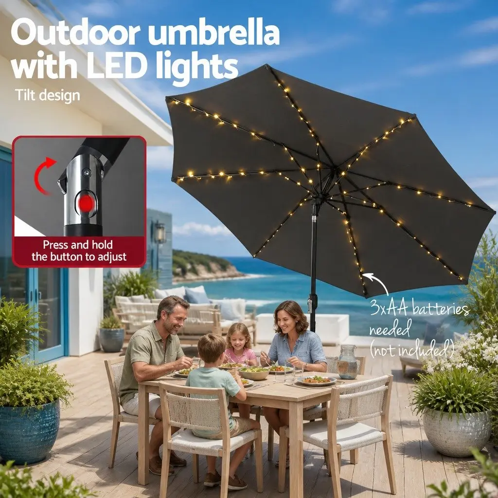 Outdoor Umbrella Charcoal Colour LED String Light Adjustable Tilt 2.9m Octagonal Canopy