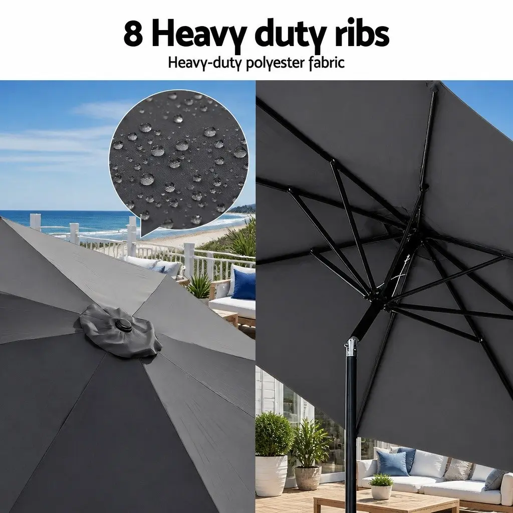 Outdoor Umbrella Charcoal Colour LED String Light Adjustable Tilt 2.9m Octagonal Canopy