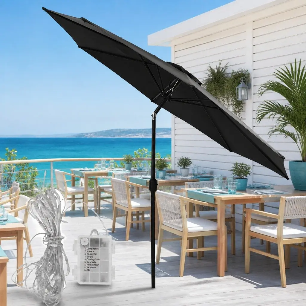 Outdoor Umbrella LED String Lights 2.9m Tilt Black Patio Garden