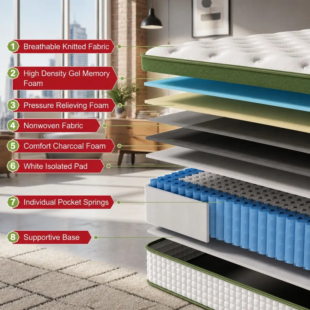 Double Mattress Hybrid 30cm Medium Firm Gel Memory Foam and Pocket Spring with 5 Zone Support White