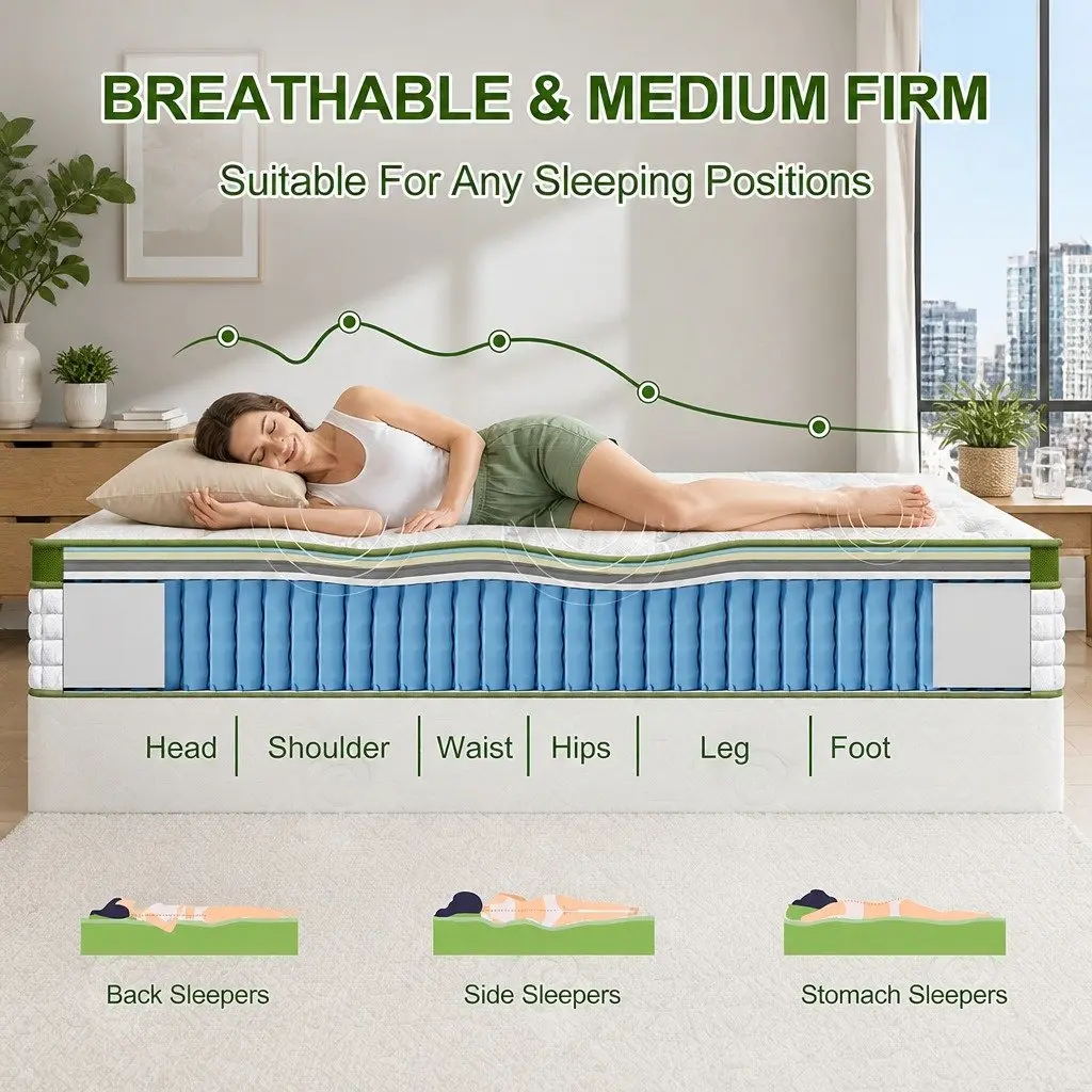 Double Mattress Hybrid 30cm Medium Firm Gel Memory Foam and Pocket Spring with 5 Zone Support White