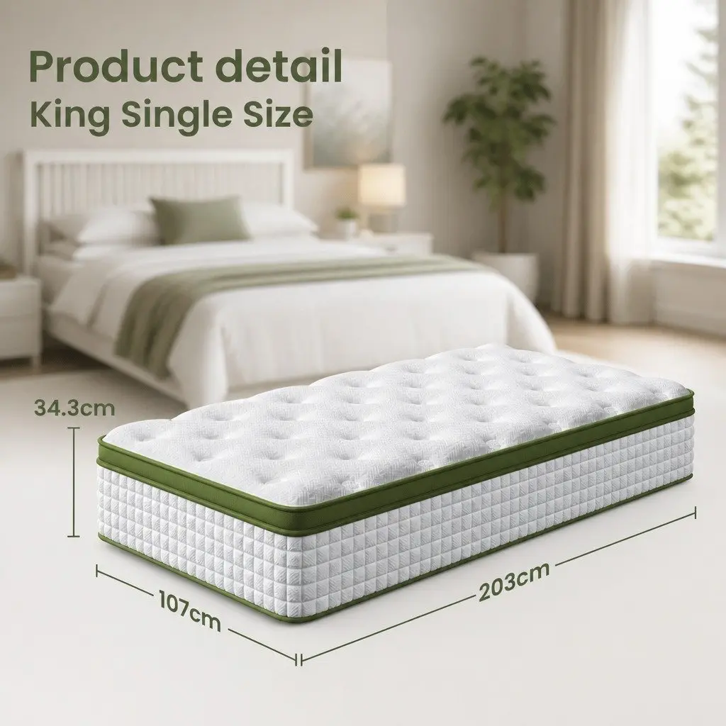 King Single Mattress Medium Firm 34cm Latex Hybrid 5 Zone Pocket Spring White
