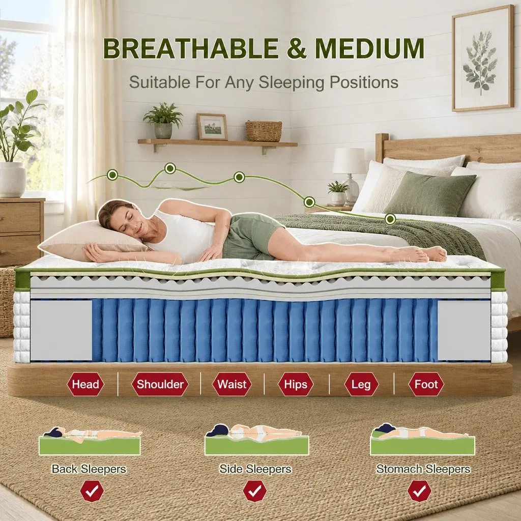King Single Mattress Medium Firm 34cm Latex Hybrid 5 Zone Pocket Spring White