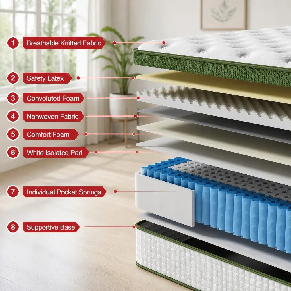 King Size Latex Hybrid Mattress Medium Firm 34cm 5 Zone Pocket Spring White