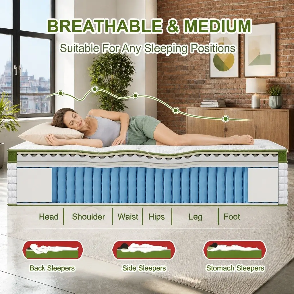 Queen Latex Hybrid Mattress 34cm Medium Firm 5 Zone Pocket Spring Bed Pressure