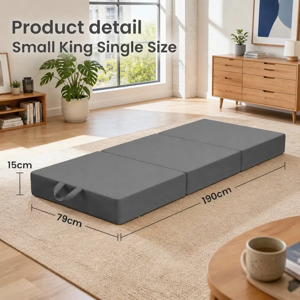 King Single Folding Mattress Trifold Portable 15cm Foam Grey