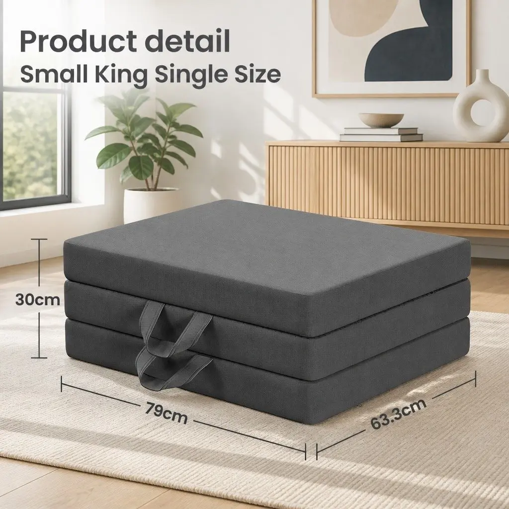 King Single Folding Mattress Trifold Portable 15cm Foam Grey