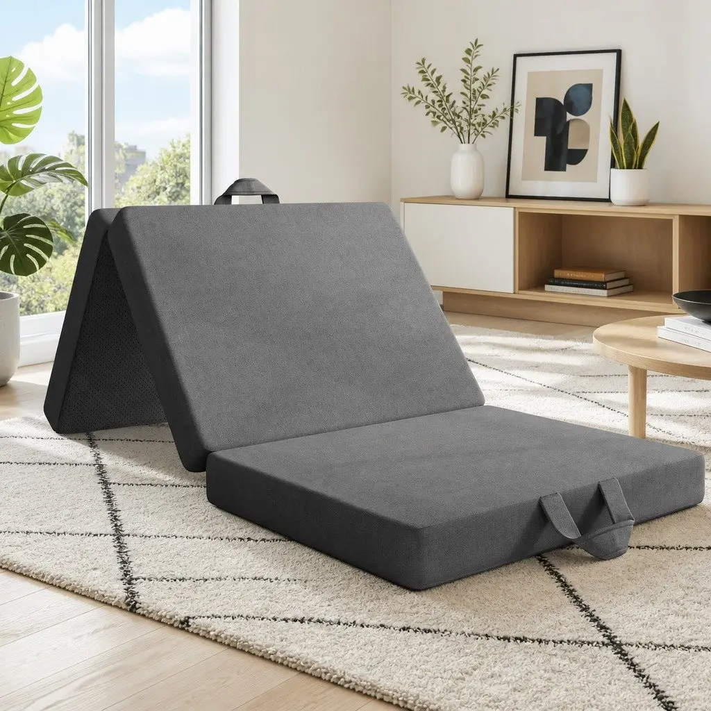 King Single Folding Mattress Trifold Portable 15cm Foam Grey