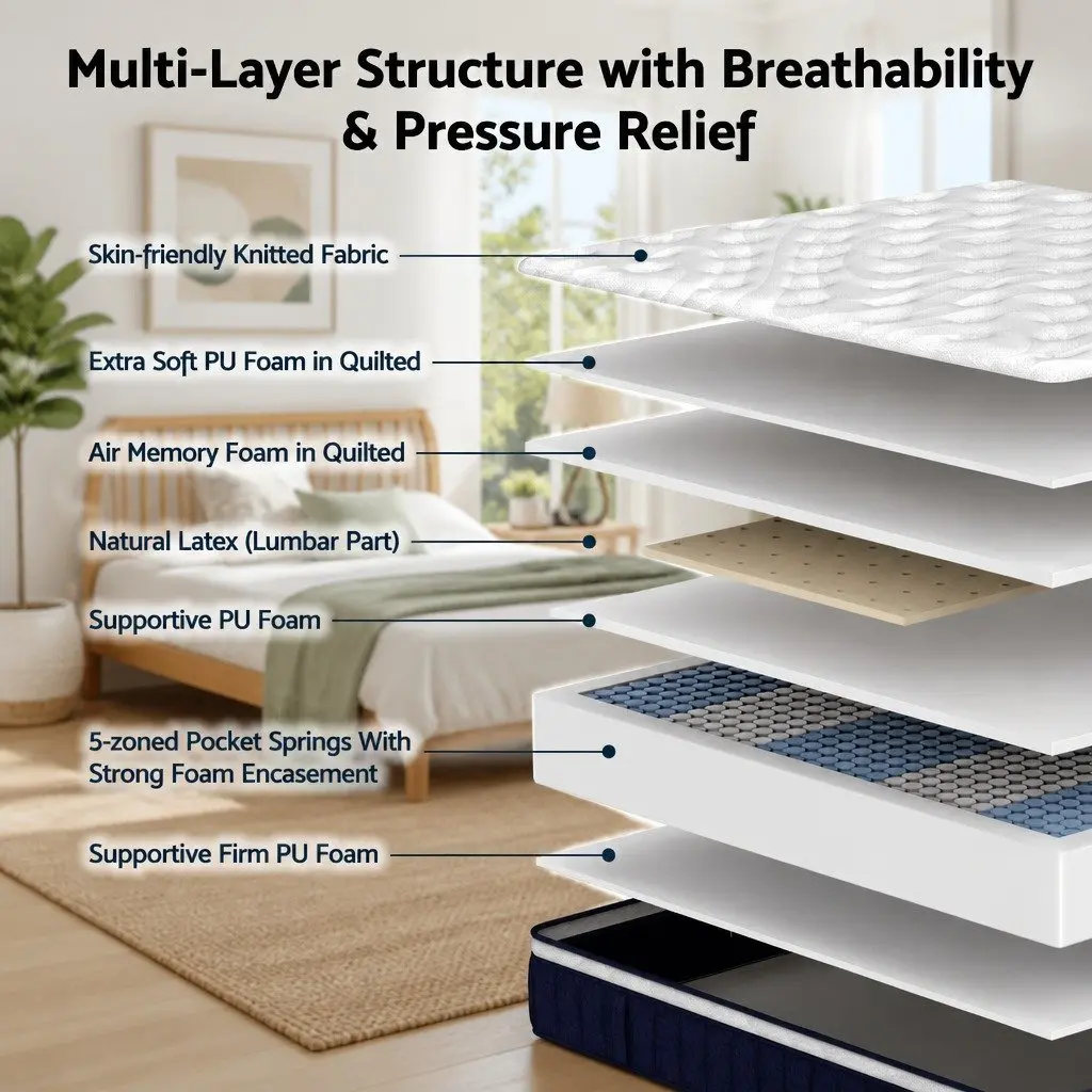 Single Pocket Spring Mattress 30cm Medium Firm Latex Lumbar Support White