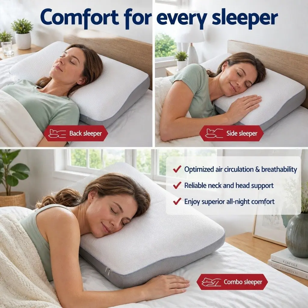 Memory Foam Pillow Ergonomic Neck Support Side Sleeper Dual-Sided Cooling 65x40x14cm White or Grey