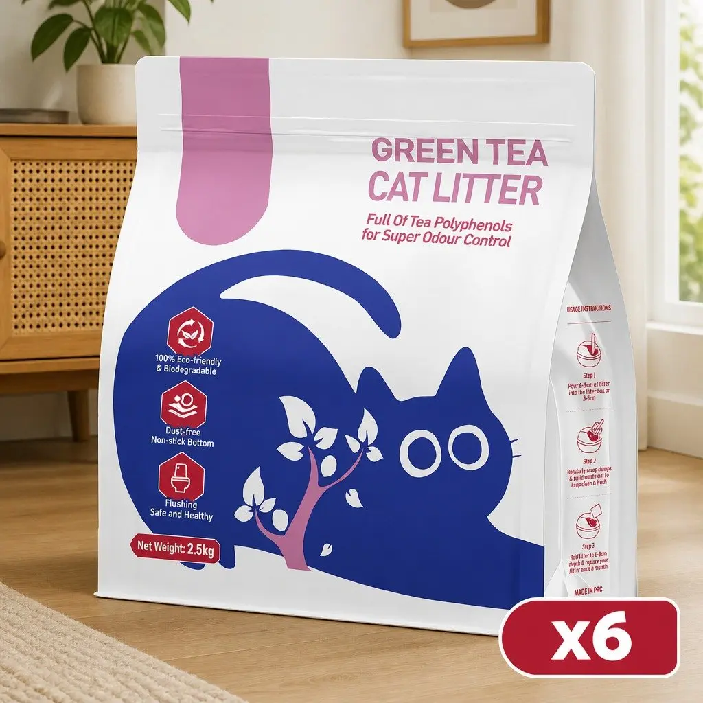 Clumping Cat Litter Natural Green Tea Odour Control 15kg Purple 6 Pack