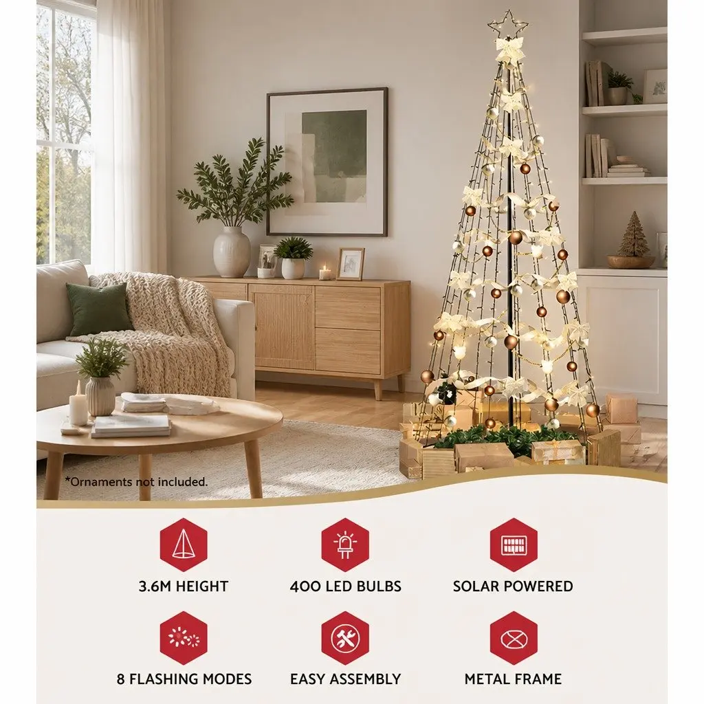 Solar LED Christmas Tree 3.6M 400 Lights Outdoor Indoor Black Holiday Decoration