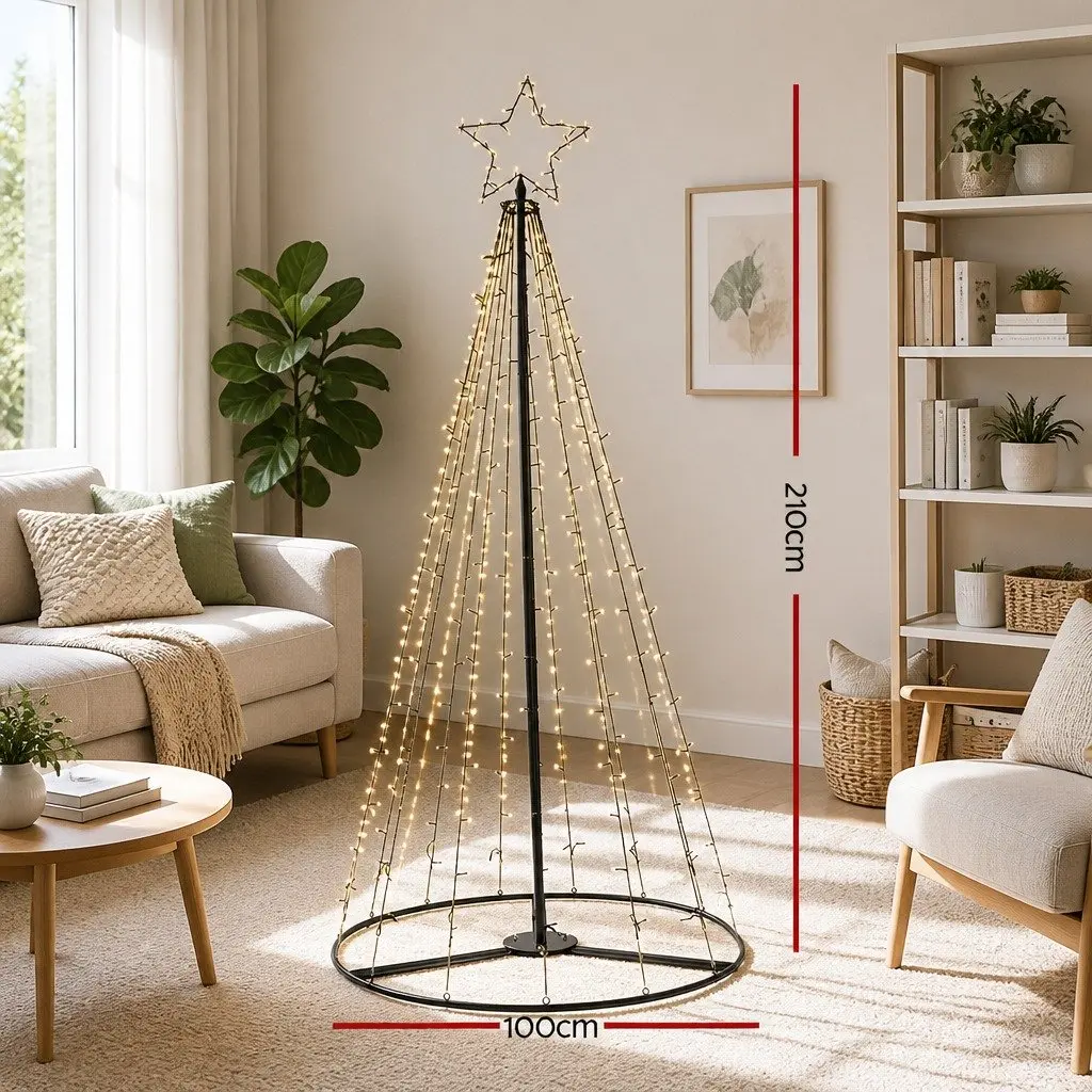 LED Christmas Tree Solar Powered 2.1M Warm White Lights Outdoor Decoration Black